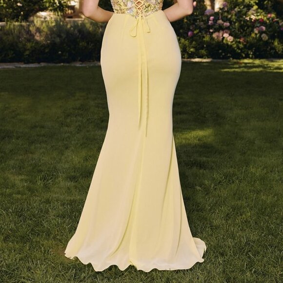 New LT Yellow Off The Shoulder Long Floral Chiffon Gown w/ Lace Up Back CD T721 - Picture 11 of 11